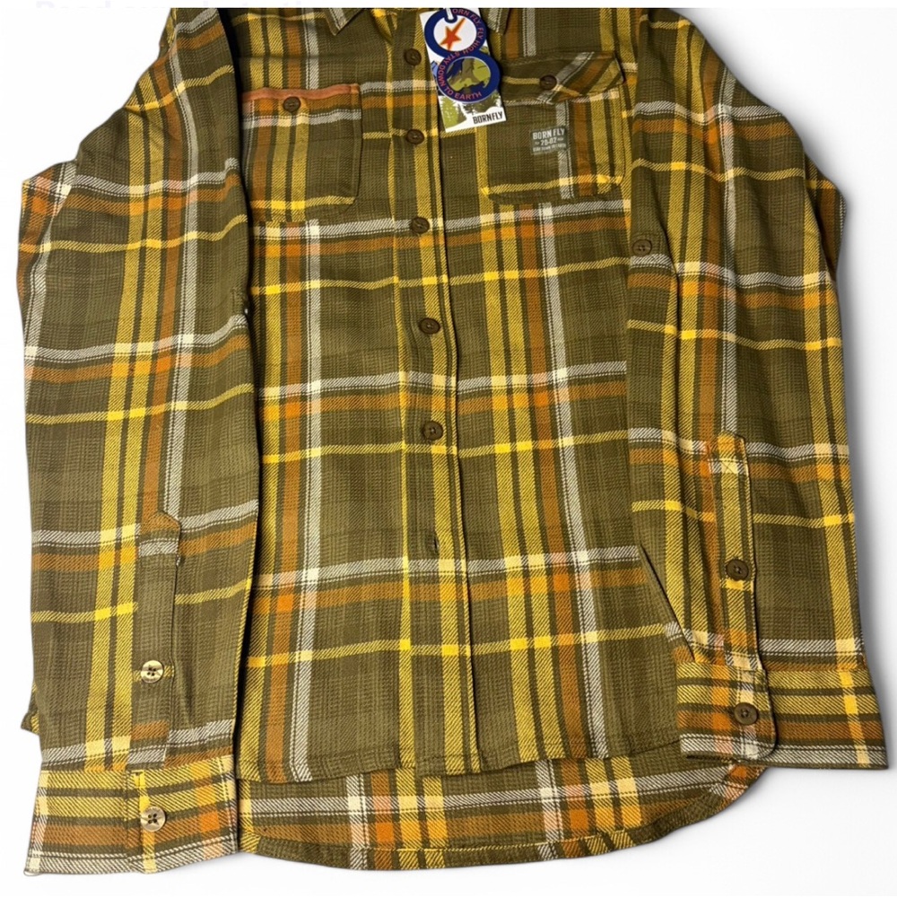 Men's “BORN FLY” Olive Plaid Flannel Shirt.